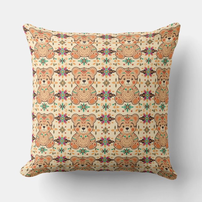 Boho Folk Art Teddy Bear Seamless Pattern Throw Pillow (Front)