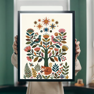 Boho Folk Art Tree of Life Peacock Celestial Poste Poster