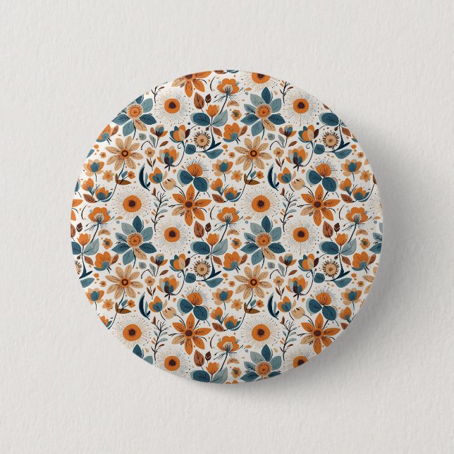 Boho Folk Art Wildflower Meadow Rust Teal Floral 2 Inch Round Button (Front)
