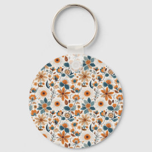 Boho Folk Art Wildflower Meadow Rust Teal Floral Keychain