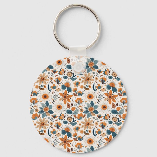 Boho Folk Art Wildflower Meadow Rust Teal Floral Keychain (Front)