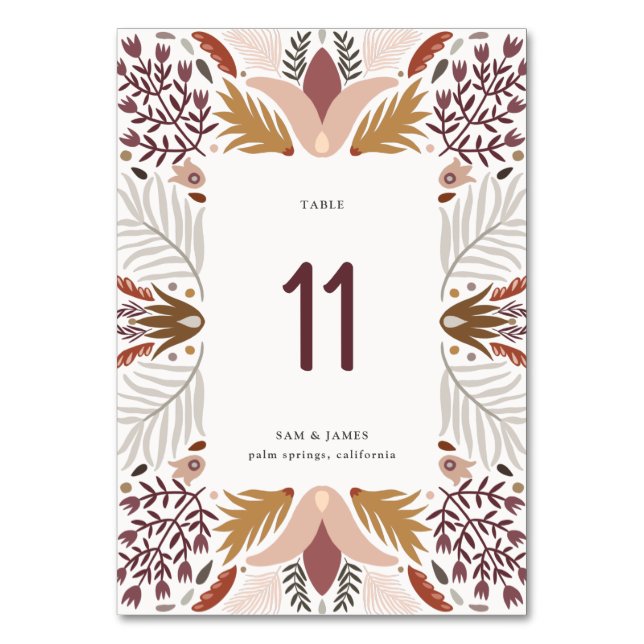 Boho Folk Botanical Border Frame Wedding Table Number (Front)