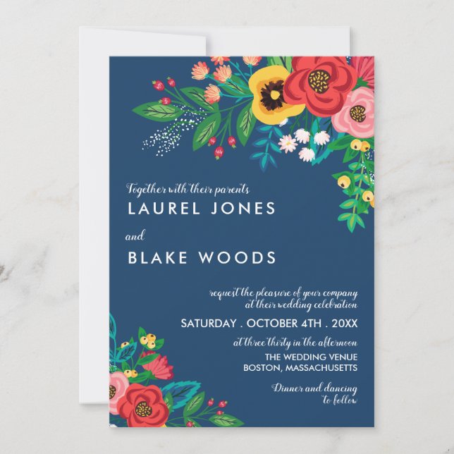 Boho Folk Bouquet - Deep Blue & Red Wedding Invitation (Front)