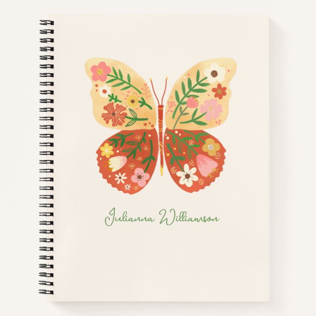 Boho Folk Floral Butterfly Personalized Name Notebook (Front)