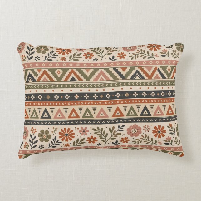 Boho Folk Floral Geometric Seamless Pattern Accent Pillow (Front)