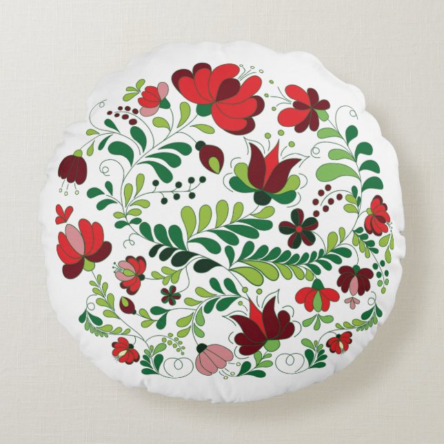 Boho Folk Floral Matyo Round Pillow (Front)