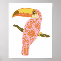 Boho Folk Floral Toucan Illustration in Pink 
