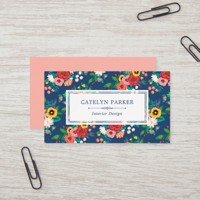 Boho Folk Flower Pattern - Deep Blue & Coral Business Card (Front/Back In Situ)