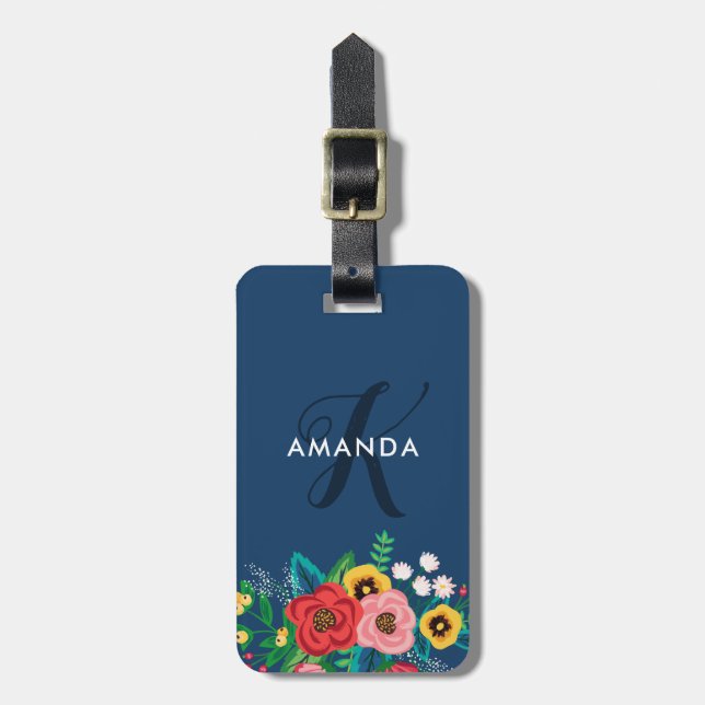 Boho Folk Flowers - Deep Blue Monogram Luggage Tag (Front Vertical)