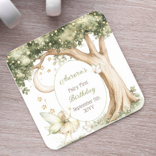 Boho Forest Watercolor Fairy First birthday Square Paper Coaster