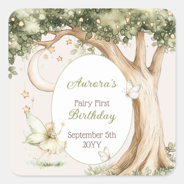 Boho Forest Watercolor Fairy First birthday Square Sticker (Front)