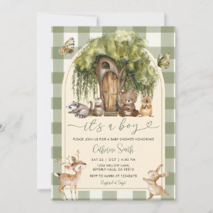 Boho forest wild animals baby shower Green Gingham Invitation