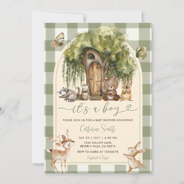 Boho forest wild animals baby shower Green Gingham Invitation (Front)