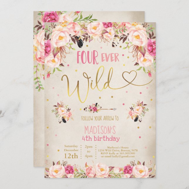 Boho Four Ever Wild Birthday Invitation Watercolor (Front/Back)