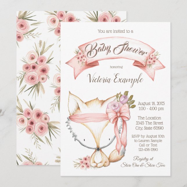 Boho Fox Baby Girl Shower Invitations (Devant / Derrière)