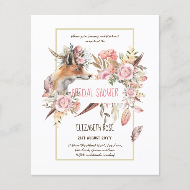 Boho FOX Bridal Shower Woodland Feathers Floral Flyer (Front)