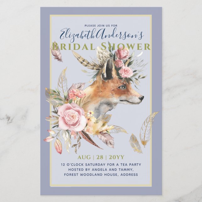 Boho FOX Bridal Shower Woodland Feathers Floral Flyer (Front)