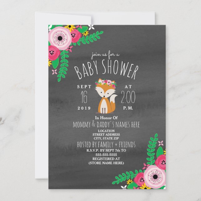 Boho Fox Dark Grey Watercolor Baby Shower Invite (Front)