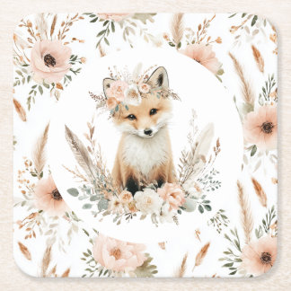 Boho Fox Girl Woodland Party Square Paper Coaster
