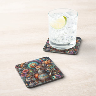 Boho Fox Raccoon Floral Design Coaster