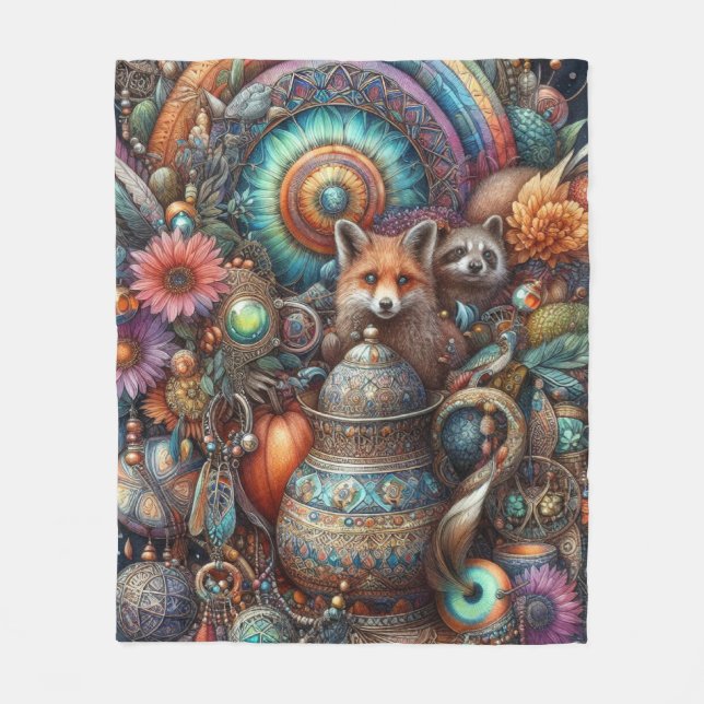 Boho Fox Raccoon Floral Design Fleece Blanket (Front)