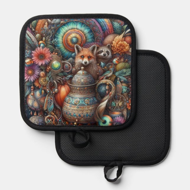Boho Fox Raccoon Floral Design Pot Holder (Front/Back)
