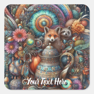 Boho Fox Raccoon Floral Design Square Sticker