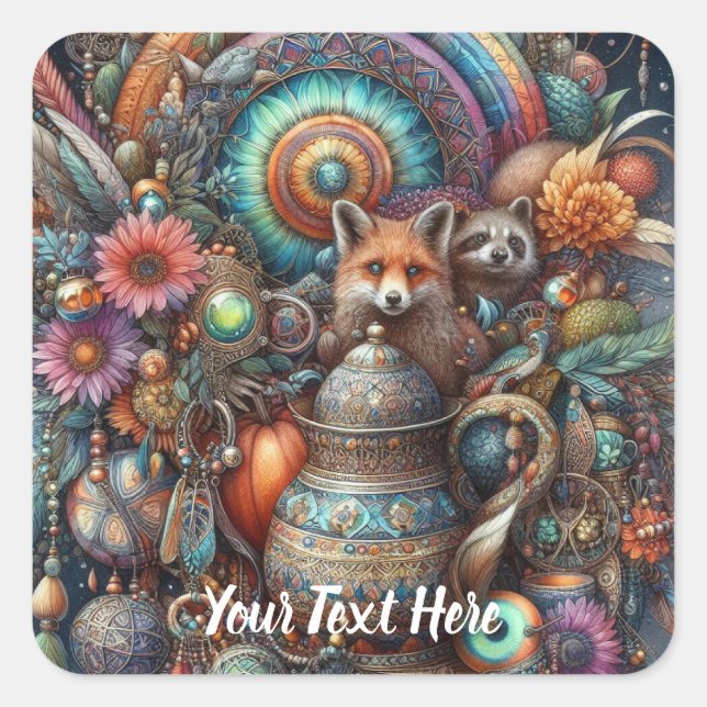 Boho Fox Raccoon Floral Design Square Sticker (Front)