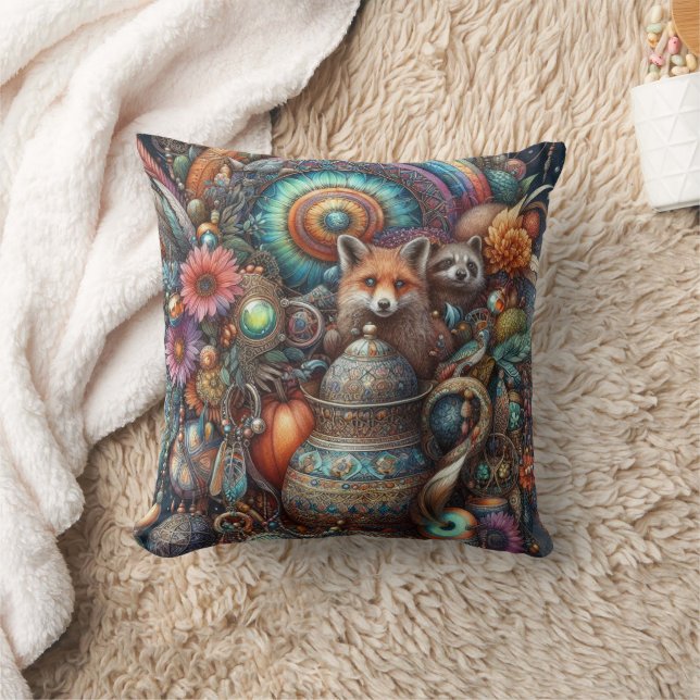 Boho Fox Raccoon Floral Design Throw Pillow (Blanket)