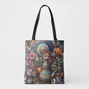 Boho Fox Raccoon Floral Design Tote Bag