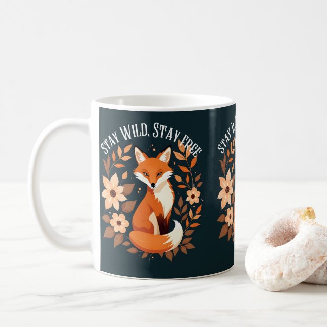 Boho Fox "Stay Wild, Stay Free" Woodland Dark Coffee Mug (With Donut)