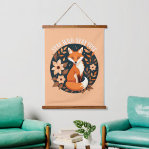 Boho Fox "Stay Wild, Stay Free" Woodland Design Hanging Tapestry