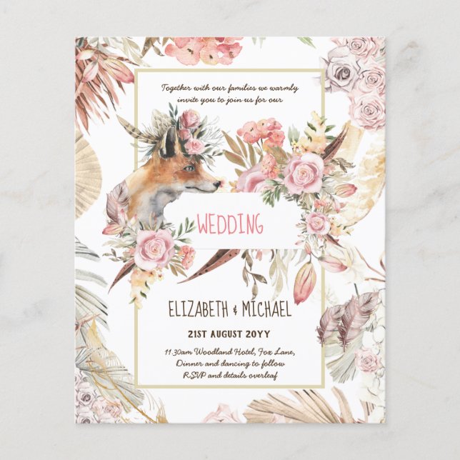 BOHO Fox Wedding Invitations Burgundy Pink Feather Flyer (Front)