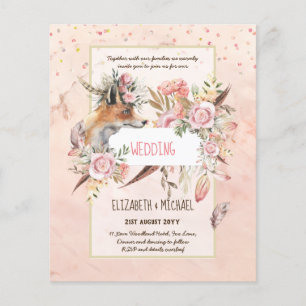 BOHO Fox Wedding Invitations Burgundy Pink Feather Flyer
