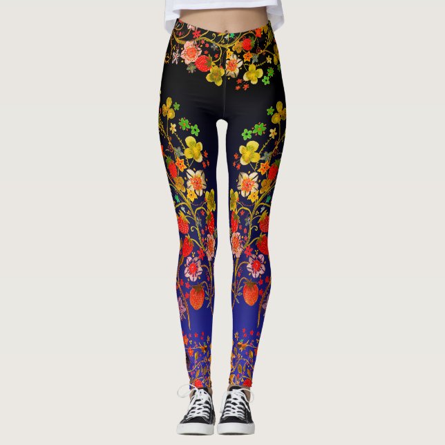 Boho fraise Floral Blue Ombre Leggings (Devant)