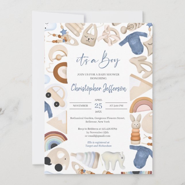 Boho frame baby boy clothes and toys neutral  invitation (Front)