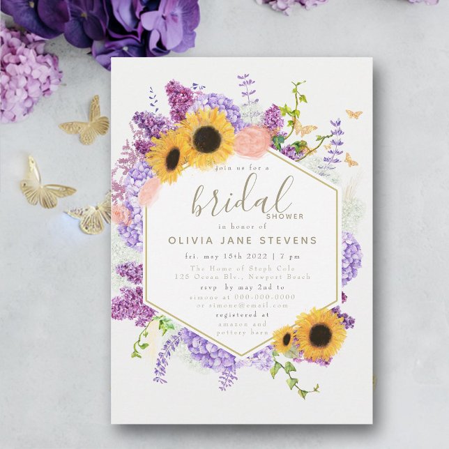 Boho Frame Butterfly Sunflower Flora Bridal Shower Invitation (modern rustic hydrangea sunflower butterfly bridal shower invitation frame elegant bohemian purple)