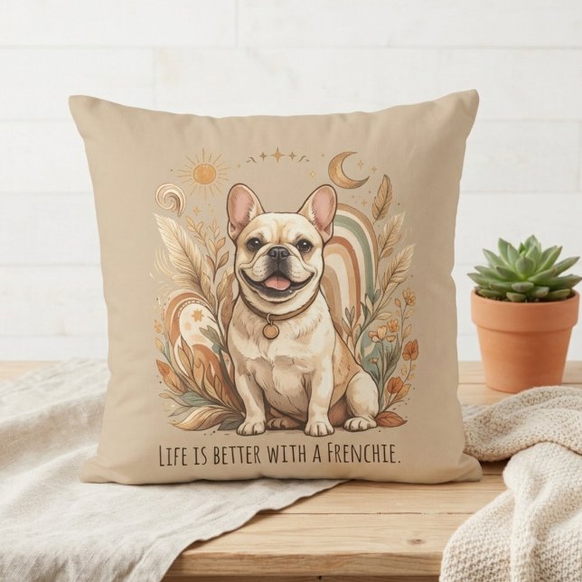 Boho French Bulldog Sun and Moon Throw Pillow (A boho Frenchie accent for a dog lover's home decor, perfect for a cozy birthday gift.)