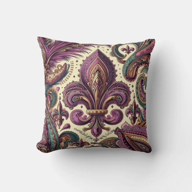 Boho French Quarter purple fleur-de-lis  Throw Pillow (Front)