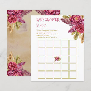Boho Fuchsia Peony Blooms Baby Shower Bingo Card