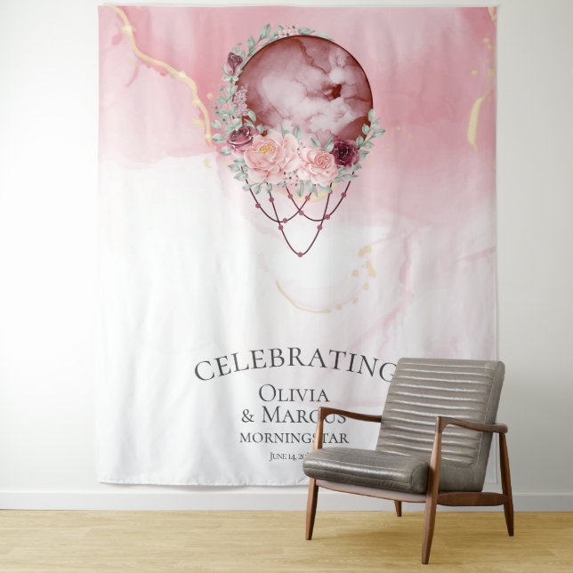 BOHO Full Moon Dusty Rose Watercolor Celestial Tapestry (In Situ)