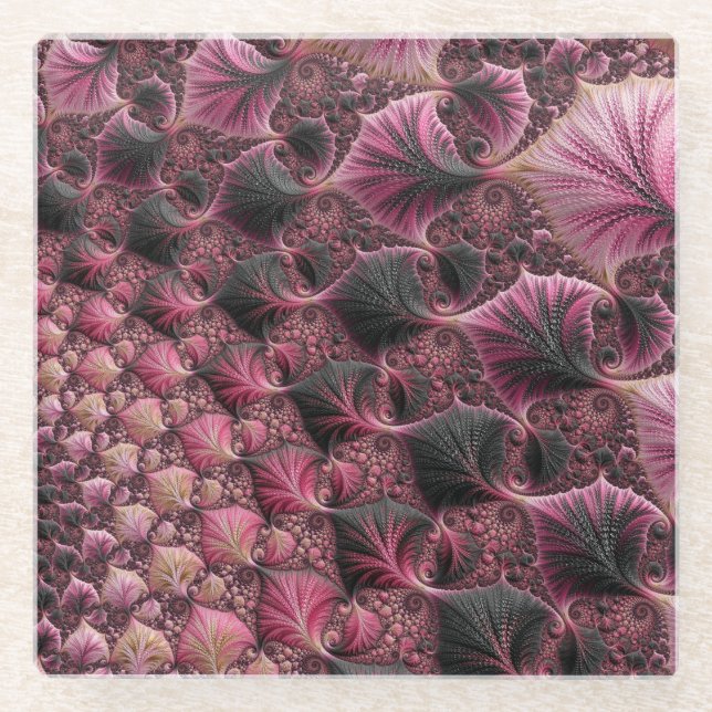 Boho Funky Eclectic Pink Black Abstract Fractal Glass Coaster (Front)