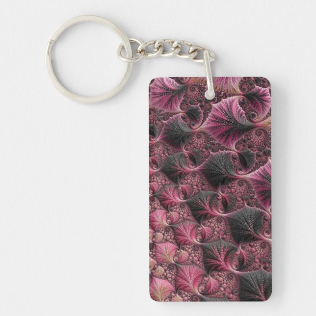 Boho Funky Eclectic Pink Black Abstract Fractal Keychain (Front)