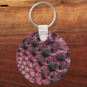 Boho Funky Eclectic Pink Black Abstract Fractal Keychain
