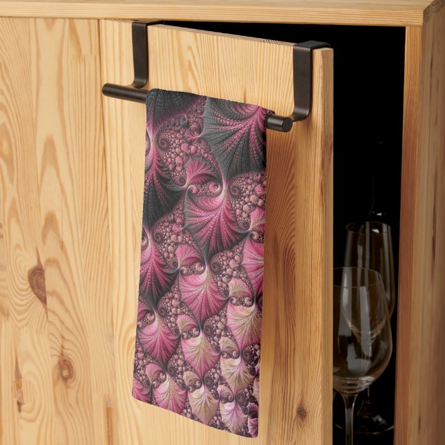Boho Funky Eclectic Pink Black Abstract Fractal Kitchen Towel (Thirds Fold)