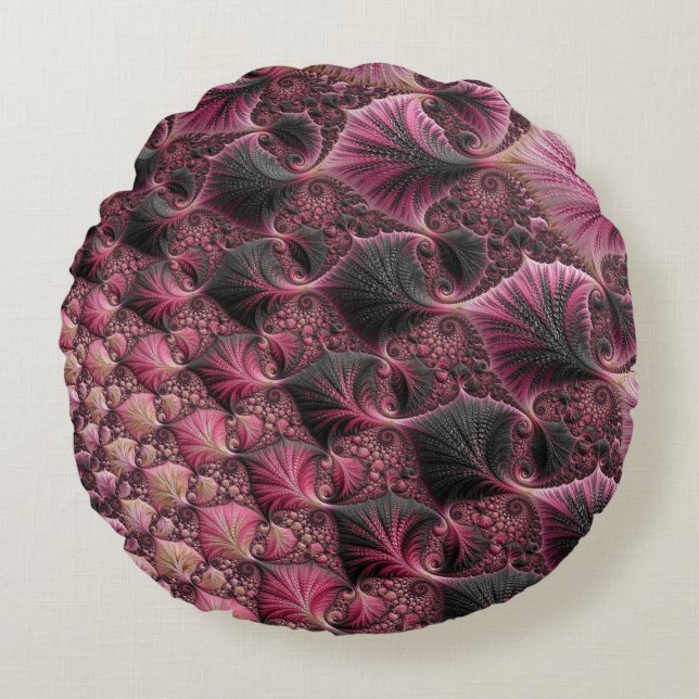 Boho Funky Eclectic Pink Black Abstract Fractal Round Pillow (Front)
