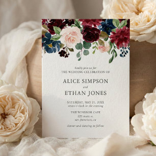 Boho Garden Burgundy Blue Floral Wedding Invitation Postcard