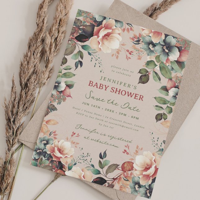 Boho Garden Floral Baby Shower Save Date Champagne Invitation (Boho Garden Floral Baby Shower Save Date Champagne Invitation)