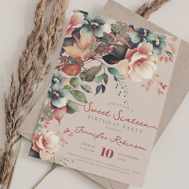Boho Garden Floral Sweet 16 Birthday Champagne  Invitation (Boho Garden Floral Sweet 16 Birthday Champagne Invitation)