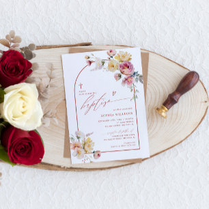 Boho Garden Rose Fleurs Baptême Invitation
